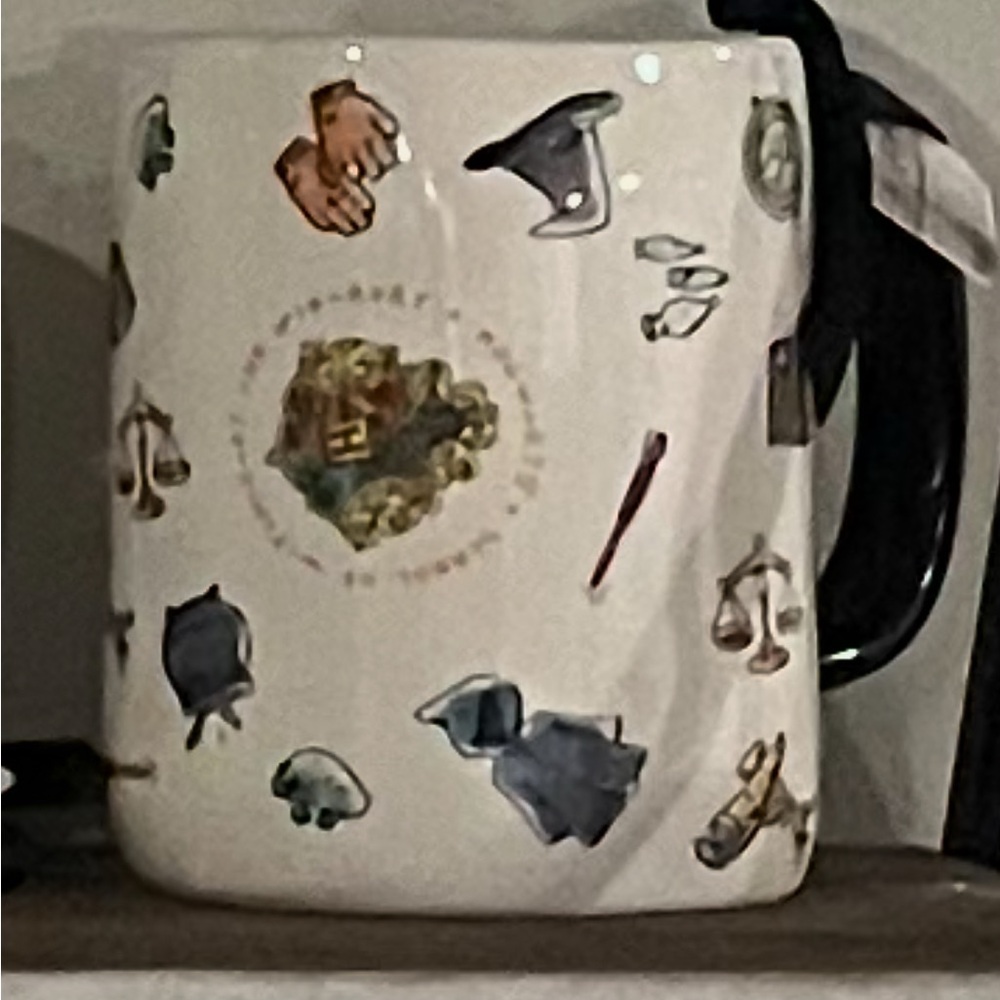 Rae Dunn Harry Potter White Mug with Black Handle and Multicolor Accents